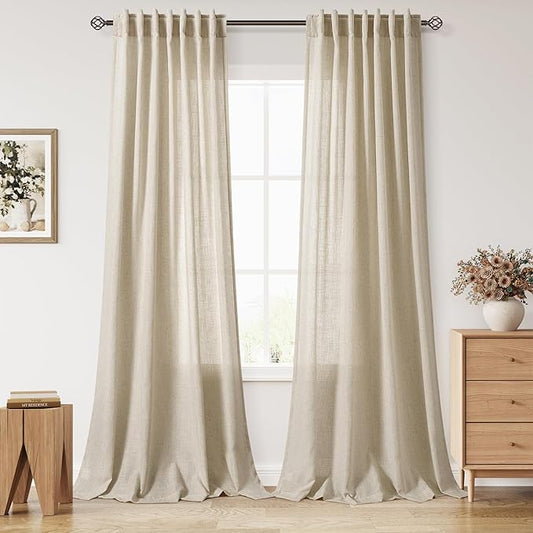 Eggshell Beige Linen Curtains for Living Room 105 Inches Long Light Filtering Semi Sheer Curtain Back Tab Rustic Farmhouse Decor Burlap Luxury Boho Drapes for Bedroom Dinner Room 52x105, 2 Panels