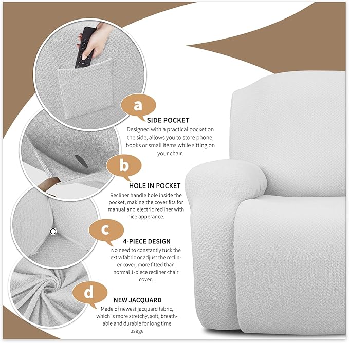 JIVINER 8-Piece Recliner Sofa Covers Stretch Jacquard Couch Covers for Reclining Slipcovers for Living Room 3 Cushion Soft Recliner Protector with Pocket (Sofa Recliner, Off White)