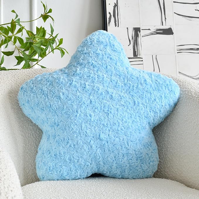 Star Pillow, 14.9" Star Shaped Plush Pillow for Couch Bed Sofa, Cute Decorative Throw Pillows with Soft Faux Fur Room Decor for Bedroom Living Room (Blue)