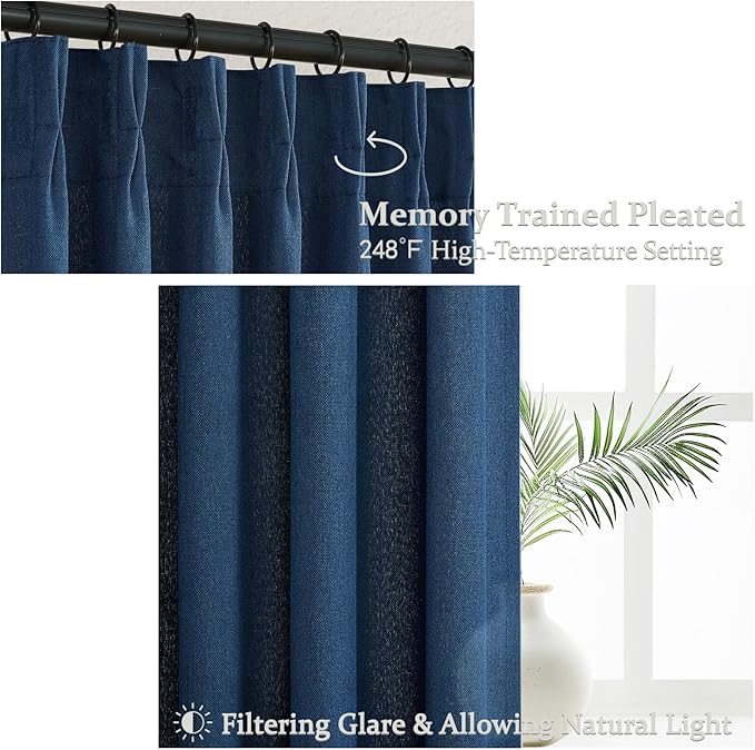 Pleat Sheer Denim Blue Curtains 84 Inch Length 2 Panels Set for Living Room, Elegant Pinch Pleated Textured Linen Drapes Light Filtering Boys Kids Room Window Burg with Hooks(40 x 84 Inches Navy Blue)