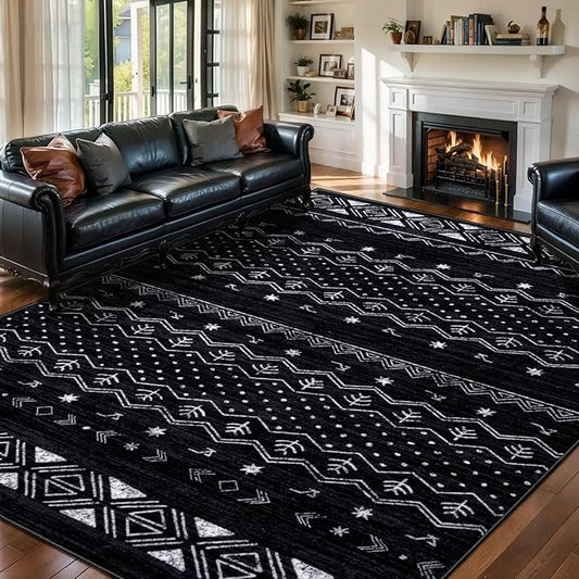 SERISSA 6x9 Area Rugs for Living Room, Washable Non-Slip Black and White Boho Rug, Soft Low-Pile Geometric Indoor Large Carpet for Dining Room Bedroom Home Office Playroom