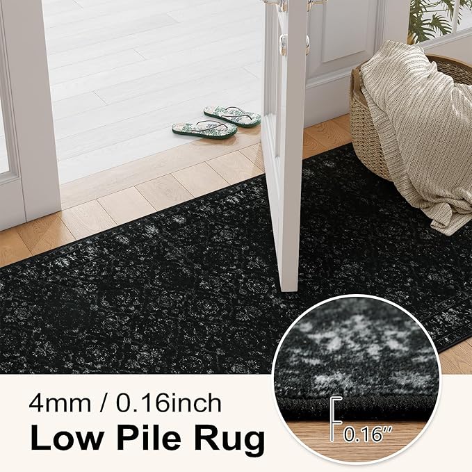 Hedlive Vintage Black Rug for Living Room 9x12, Ultra-Thin Washable Large Area Rugs for Dining Room Non Slip, Stain Resistant Bedroom Rug for Home High Traffic Area (9'x12', Black)