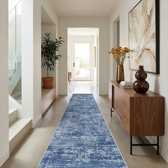 2x10 Washable Hallway Runner Rug - Modern Abstract Neutral Long Carpet with Non-Slip Backing Low-Pile Stain-Resistant Thin Runners for Kitchen Bathroom Bedroom Entryway (2x10, Blue)