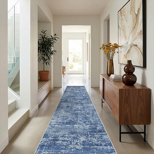 2x10 Washable Hallway Runner Rug - Modern Abstract Neutral Long Carpet with Non-Slip Backing Low-Pile Stain-Resistant Thin Runners for Kitchen Bathroom Bedroom Entryway (2x10, Blue)