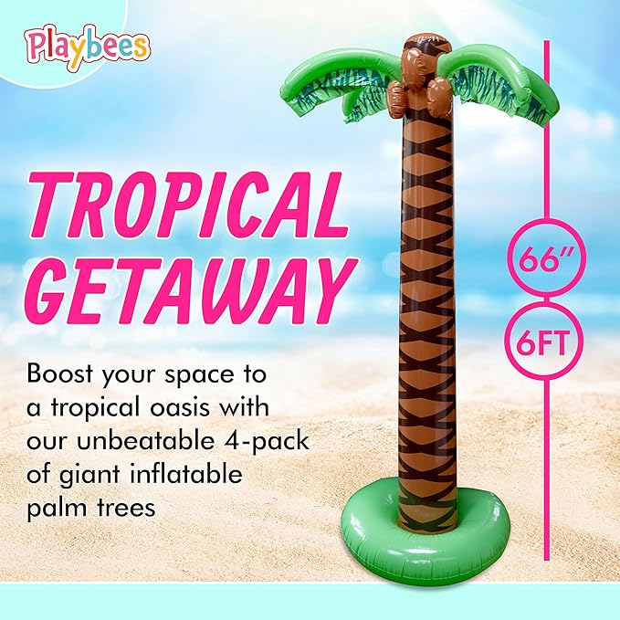 Playbees Giant Inflatable Palm Tree 6 Foot - 4PK - Beach Party Decorations for Summer Luau Themed Pool Party, Tropical Hawaiian Blow Up Palm Tree Favors - Poolside Ambiance, Easy Inflation