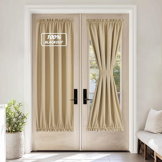 NICETOWN 100% Blackout French Door Curtain,Privacy Thermal Insulated Window Curtain with Adjustable Tieback for Glass Front Sliding Patio Door, 1 Panel, 36W x 72L, Biscotti Beige