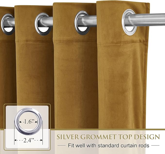StangH Mustard Gold Velvet Curtains for Sliding Door, Grommet Light Blocking Privacy Drapes for Living Room Bedroom Country Party Backdrop Decorations, W62 x L84, 2 Panels