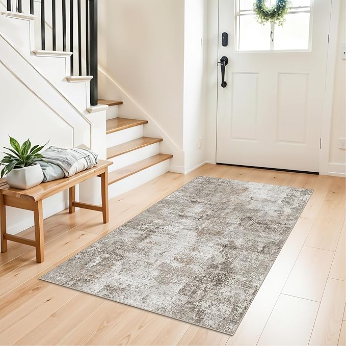 3x4 Washable Entryway Area Rug - Non-Slip Modern Small Indoor Mat for Bathroom,Living Room,Bedroom - Abstract Neutral Soft Low-Pile Throw Carpet with Rubber Backing (Beige Grey)