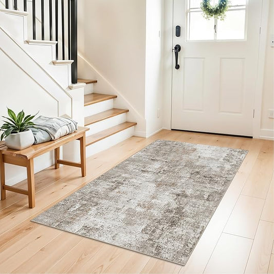3x4 Washable Entryway Area Rug - Non-Slip Modern Small Indoor Mat for Bathroom,Living Room,Bedroom - Abstract Neutral Soft Low-Pile Throw Carpet with Rubber Backing (Beige Grey)