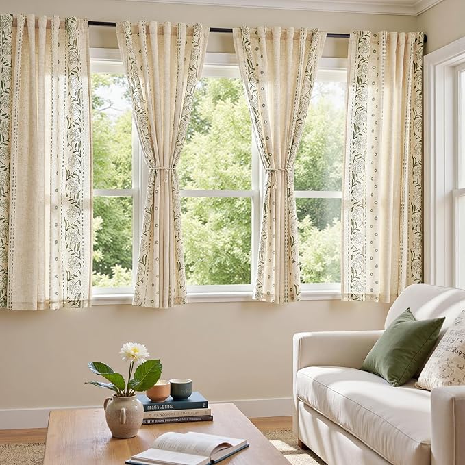 jinchan Winslow Lined Linen Curtains for Bedroom 63 Inches Linen Blended Embroidered Bordered Floral Curtains for Living Room Farmhouse Decor Window Treatments Sage on Beige Drapes 2 Panels