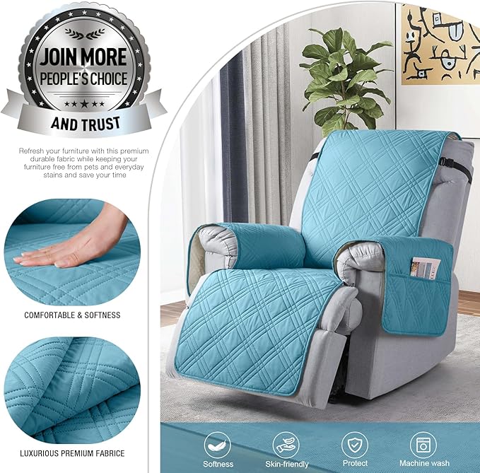 TAOCOCO Waterproof Recliner Chair Cover for Large Recliner, Oversized Recliner Covers for Recliner Chair with Pocket, Recliner Slipcover Furniture Protector for Kids Pets(28'', Sky Blue)