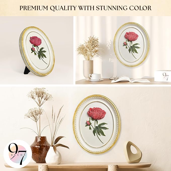 97 Decor Oval Vintage Wall Sculptures For Living Room - Handcrafted 3d Peony Floral Wall Art For Home Bedroom Decorations, Modern Sculpture Flower Art For Tabletop And Walls Hanging