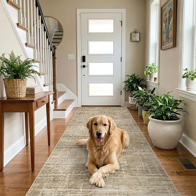 3x7 Washable Kitchen Runner Rug - Modern Abstract Neutral Carpet with Non-Slip Backing Low-Pile Stain-Resistant Thin Runners for Hallway Bathroom Bedroom Entryway (3x7，Tan/Brown)