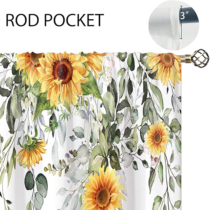 Eucalyptus Botanical Leaves Yellow Sunflower Floral Kitchen Window Curtains Flower Plant Small Window Treatment Sage Green Cafe Short Curtains for Bathroom Treatment Tier Drapes 26x36 inch