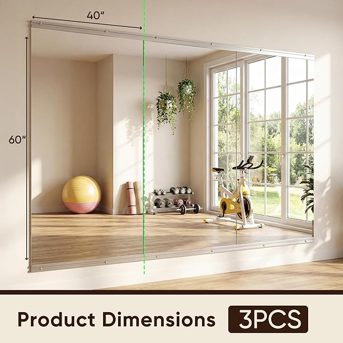 Antok Home Gym Mirror 60"x40" 3PCS, Large Full Length Wall Mounted Mirrors, Frameless Tempered Glass Full Body Mirror for Gym Yoga Dance Studio Garage Bedroom & Bathroom