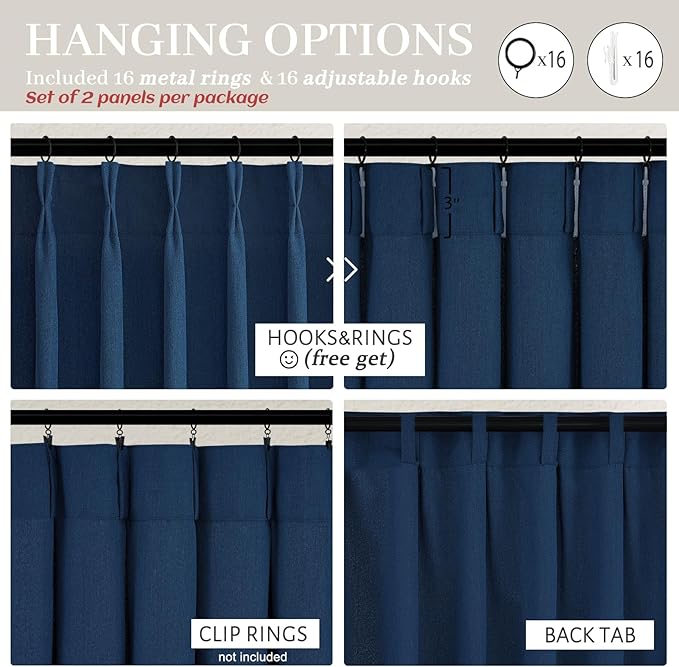 Thick Linen Denim Blue Viral Sheer Curtains 96 Inches Long for Bedroom 2 Panels Set, Pinch Pleat Light Filtering Aesthetic Drapes with Back Tab Ceiling Track for Boys Room Decor Curtain 96 Inch Length