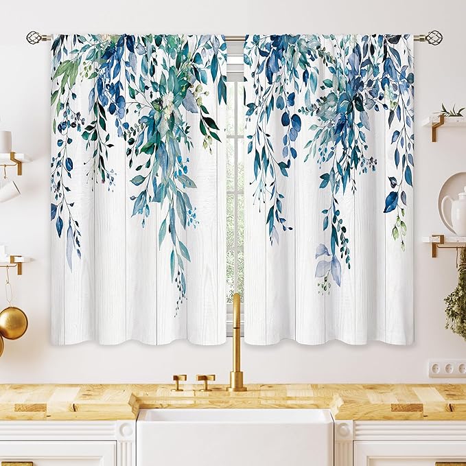 Navy Wooden Eucalyptus Small Kitchen Curtains Watercolor Leaves Window Treatment Flower Floral Plant Botanical Cafe Short Curtains for Bathroom Dining Fall Tier Treatment Drapes 26x30 inch