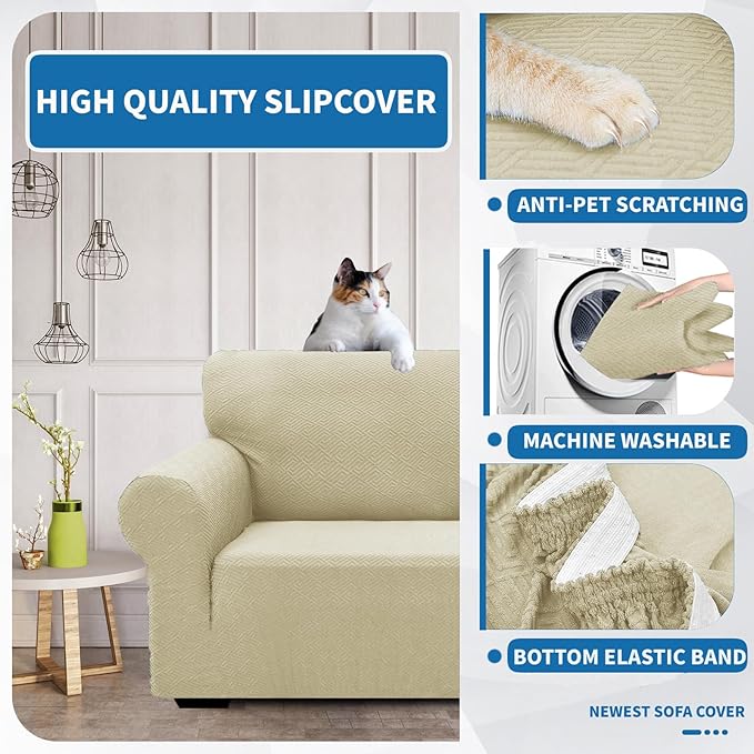 XINEAGE New 1 Piece Couch Covers for 3 Cushion Couch (79"-91") Stretch Sofa Cover Slipcover Pet Friendly Soft Washable Furniture Protector with Elastic Bottom for Kids,Dog (Sofa, Light Beige)