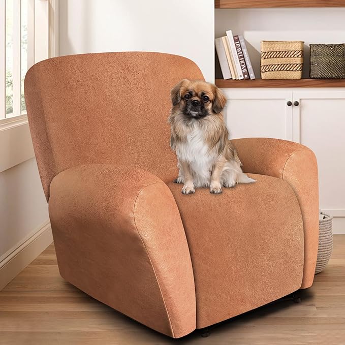 ANARACHON Leather Look Recliner Chair Covers, 4 Pieces Recliner Covers Non Slip, Soft Cover for Reclining Chair, Washable Furniture Protector for Pets (1 Seater, 024 Brown)