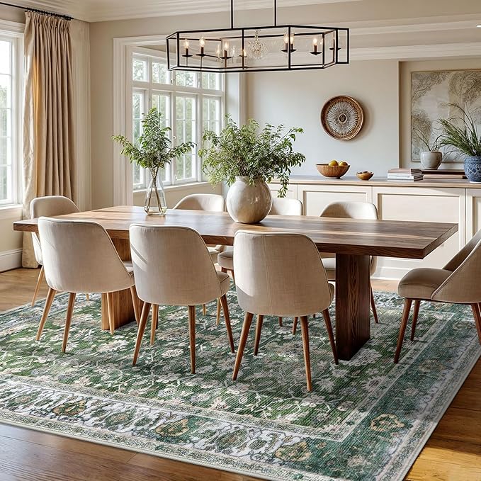 KUTA Vintage 8x10 Area Rugs for Living Room, Green Washable Large Rug for Bedroom 8ft x 10ft Non-Slip, Ultra Thin Soft Printed Traditional Floral Medallion Distressed Dining Room Low-Pile Carpet