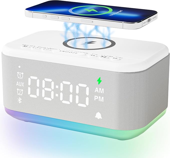 Alarm Clock Speaker Wireless Charger, Digital Alarm Clocks Bedrooms Bluetooth, Alarm Clock Dimmable Light Bedrooms Dual Alarm Snooze Dimmer 12 24H RGB Night Light Bluetooth USB AUX, White by BroserengyTech