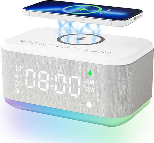 Alarm Clock Speaker Wireless Charger, Digital Alarm Clocks Bedrooms Bluetooth, Alarm Clock Dimmable Light Bedrooms Dual Alarm Snooze Dimmer 12 24H RGB Night Light Bluetooth USB AUX, White by BroserengyTech