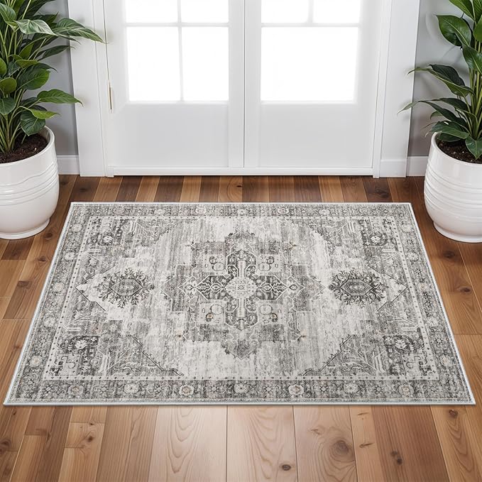 RUUGME Washable 2x3 Area Rugs - Large Boho Rugs for Living Room Stain Resistant Carpet Vintage Tribal Rugs for Bedroom Kitchen Bathroom with Non Slip Backing Home Decor Floor Decoration Mat 2x3 Grey