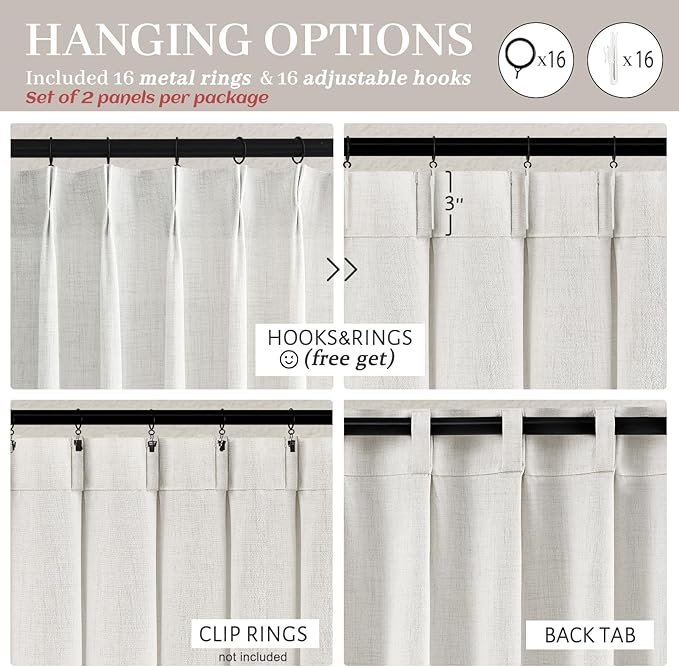 Pinch Pleated Beige White Sheer Curtains 84 Inches Long, Light Filtering Linen Blend Neutral Boho Farmhouse Curtains with Hooks for Living Room/Nursery Window Drapes 84 inch Length 2 Panels Set