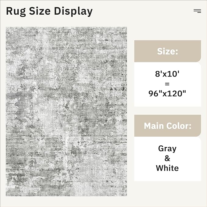 Soalmost Abstract Rug 8x10 Large Living Room Rugs Neutral Modern Washable Area Rugs for Bedroom Dining Room Non-Slip Stain Resistant Foldable Thin Rug Gray White