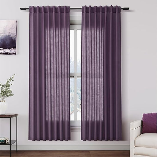 Plum Linen Curtains 72 Inch Length for Living Room Sheer Lightweight Door Drapes 2 Panels Set for Kids Bedroom Light Filtering Back Tab Rod Pocket Curtain for Kitchen Protect Privacy 52x72