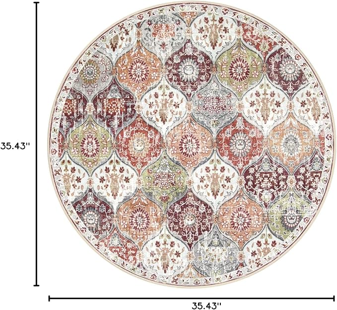 Lahome Moroccan Trellis Round Area Rugs, Washable Small Round Rug 3ft Non-Slip, Soft Vintage Ultra-Thin Circle Carpet for Bedroom Entryway Laundry Bathroom Elise, Orange/Terracotta