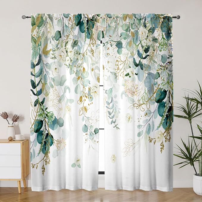 Gold Green Botanical Curtains 96 Inches Long for Living Room Eucalyptus Leaves Light Filtering Curtains Sage Green White Floral Drapes for Bedroom Farmhouse Leaf Flower Printed Door Curtain