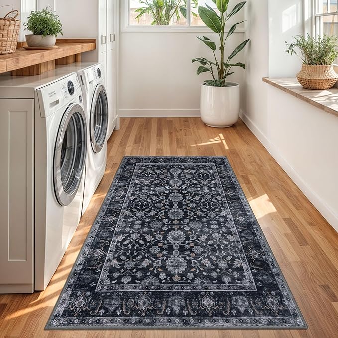 KUTA 3x5 Rugs for Entryway, Vintage Floral Area Rug Washable Non-Slip Black Grey Orange Ultra Thin Soft Printed Distressed Entry Low-Pile Throw Carpet for Bedroom Nursery Living Room
