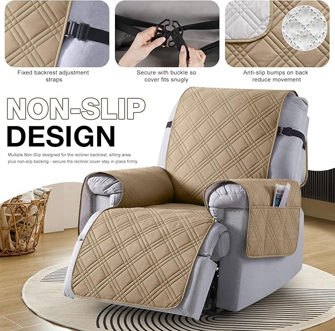 TAOCOCO 100% Waterproof Recliner Chair Covers, Non Slip Recliner Covers for Recliner Chair with Pocket, Washable Reclining Chair Cover Furniture Protector for Kids,Dogs(22'', Camel)