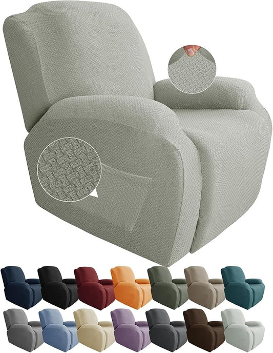 JIVINER 4-Piece Recliner Chair Covers Stretch Jacquard Covers for Reclining Chair Recliner Slipcovers for Living Room Soft Recliner Protector with Pocket (Recliner, Ivory)