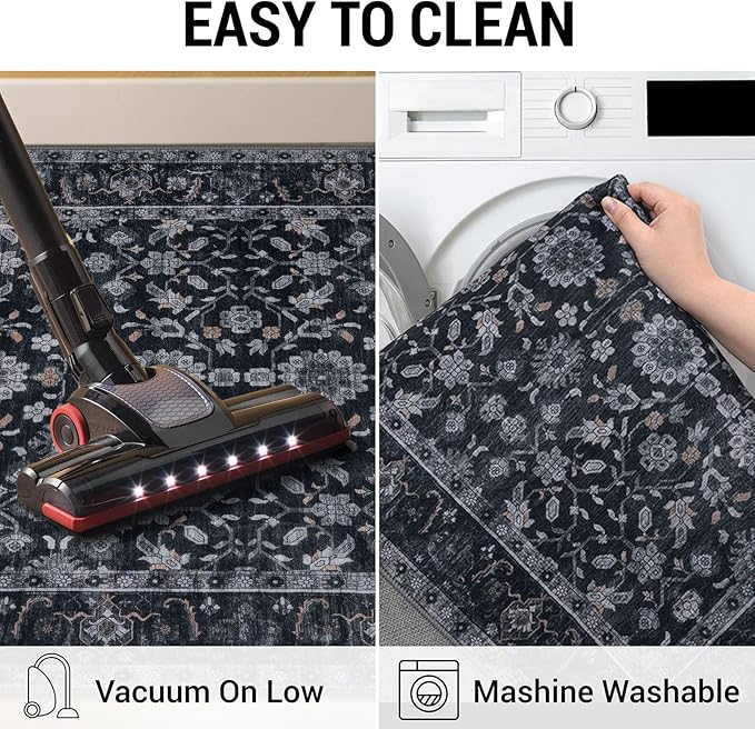 KUTA 3x5 Rugs for Entryway, Vintage Floral Area Rug Washable Non-Slip Black Grey Orange Ultra Thin Soft Printed Distressed Entry Low-Pile Throw Carpet for Bedroom Nursery Living Room