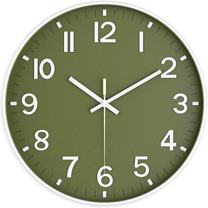 Silent Wall Clock Non-Ticking Battery Operated ?€? Modern Olive Green Analog Wall Clock for Living Room, Kitchen, Office, Bedroom ?€? Stylish Home Wall Decor Clock, 10 Inch