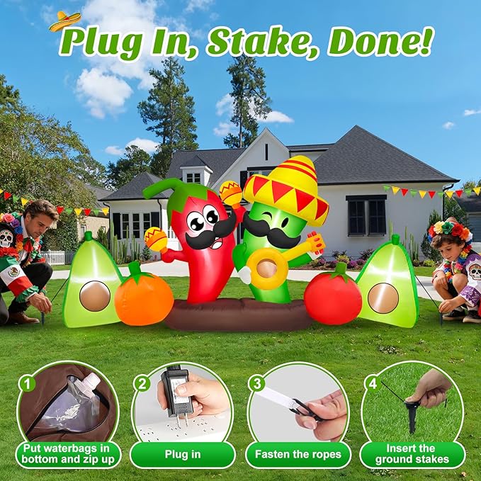 8 FT Long Cinco De Mayo Inflatable Chili Outdoor Decorations, Built-in LEDs Blow Up Hot Pepper with Taco Sombreros, Weatherproof Easy Set Up for May 5 Fiesta Mexican Party Indoor Yard Garden Lawn