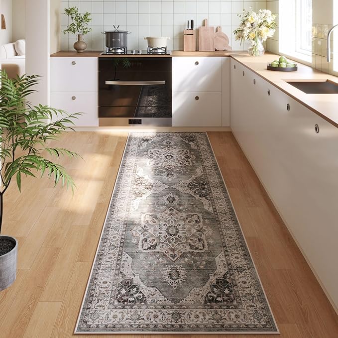 Rugcomf Vintage Medallion Kitchen Runner 2'x6' - Machine Washable Rug, Non-Slip Low Pile Boho Carpet for Hallways, Laundry, Bedroom, Bathroom - Grey and White