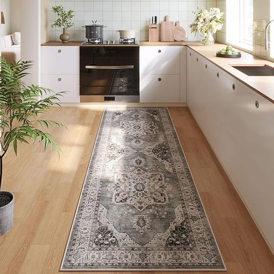 Rugcomf Vintage Medallion Kitchen Runner 2'x6' - Machine Washable Rug, Non-Slip Low Pile Boho Carpet for Hallways, Laundry, Bedroom, Bathroom - Grey and White