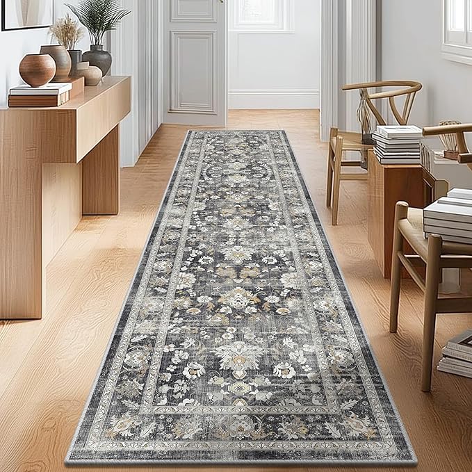 LOKHOM Washable Runner Rug, 2x8 Non-Slip Vintage Hallway Runner Rug with Rubber Backing, Boho Floral Soft Faux Wool Kitchen Rug Carpet Runner for Laundry Entryway Bedroom (Charcoal Grey)