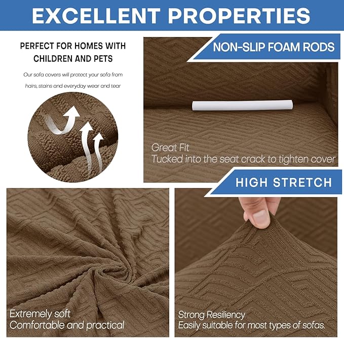 XINEAGE New 1 Piece Couch Covers for 2 Cushion (55"-69") Stretch Loveseat Sofa Cover Slipcover Jacquard Universal Furniture Protector with Elastic Bottom for Kids,Dog (Loveseat, Brown)