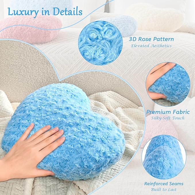 Heart Pillow Blue Throw Pillows, Soft Fluffy Decorative Pillows for Bed Couch Chair, Cute Heart Shaped Room Decor Gifts for Valentine Anniversary Birthday Mothers Christmas (Medium, 20"x15")