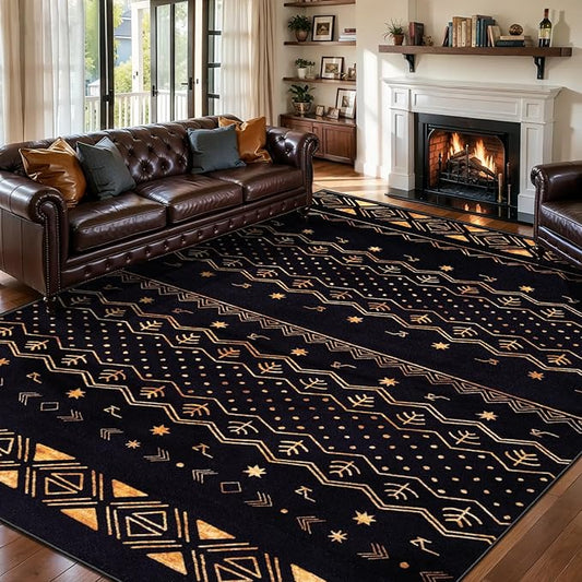 SERISSA 6x9 Area Rugs for Living Room, Washable Non-Slip Black and Gold Boho Rug, Soft Low-Pile Geometric Indoor Large Carpet for Dining Room Bedroom Home Office Playroom