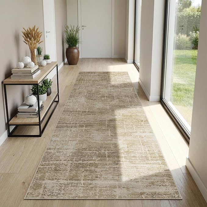 3x7 Washable Kitchen Runner Rug - Modern Abstract Neutral Carpet with Non-Slip Backing Low-Pile Stain-Resistant Thin Runners for Hallway Bathroom Bedroom Entryway (3x7，Tan/Brown)