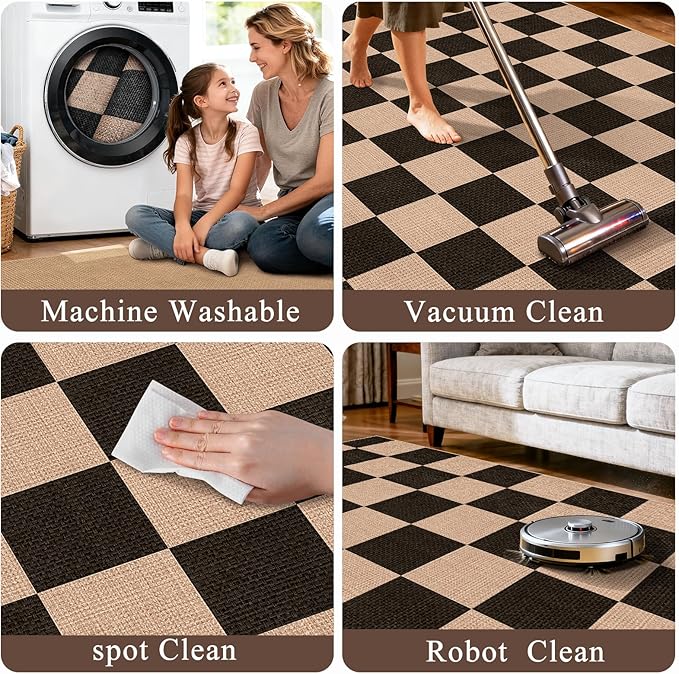 3x6 Kitchen Runner Rug Washable Non Slip: Diamond Pattern Faux Jute Rug - Thin Easy Clean Indoor Farmhouse - Boho Rugs for Entryway Kitchen Hallway Bedroom Modern Home Decor Mat (Black,3x6)