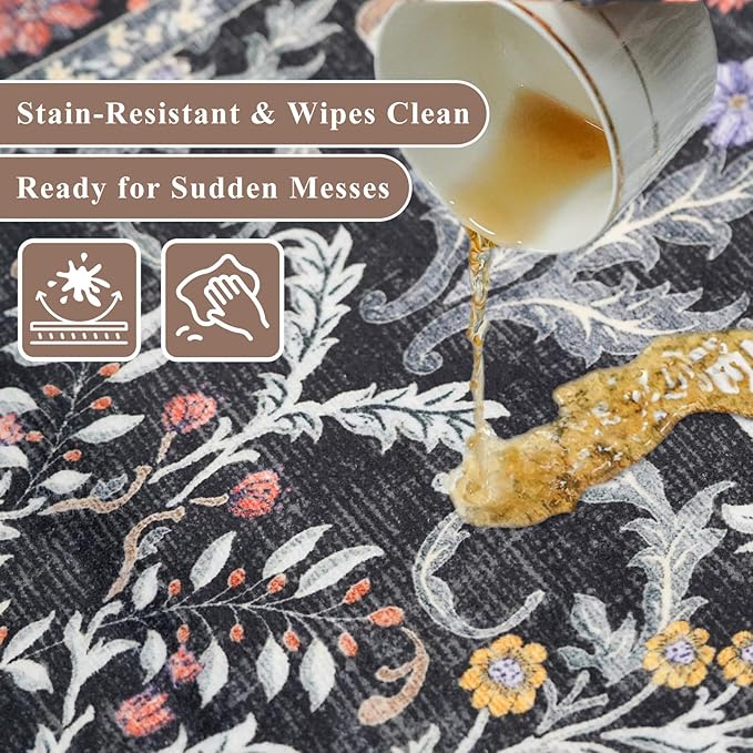 2x3 Entryway Rug Washable Non-Slip - Soft Low Pile Botanical Small Area Rug for Kitchen Bedroom - Boho Floral Indoor Door Mat with Rubber Backing (Vibrant Black, 2x3)