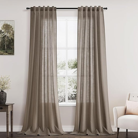 Dark Taupe Linen Curtains 96 Inches Long for Living Room 2 Panels Back Tab Pocket Semi Sheer Privacy Light Filtering Modern Farmhouse Curtains Flax Linen Bedroom Curtain Drapes for Bedroom 40x96