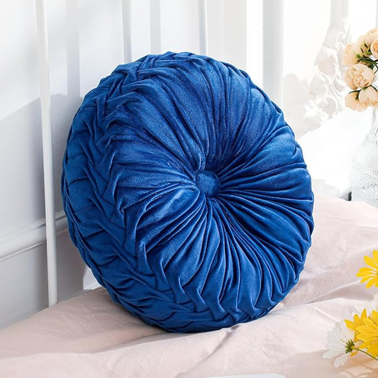 Drydiet 1 Pcs Round Throw Velvet Pillows Decorative Pleated Throw Pillows 15'' Diameter Accent Pumpkin Boho Chair Cushion for Couch Sofa Home Decoration (Navy Blue)