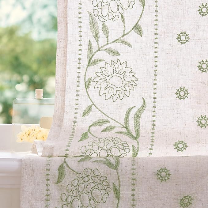jinchan Winslow Linen Curtains 45 Inch Length Small Window Curtains Embroidered Bordered Floral Drapes Light Filtering for Bathroom Laundry Room Kitchen Farmhouse Decor Sage on Beige 2 Panels